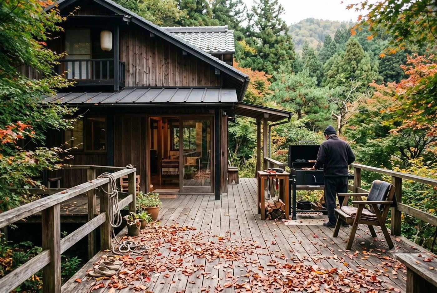 落ち葉が積もったコテージのウッドデッキとBBQ設備