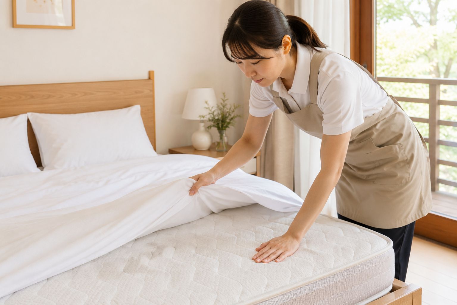 清掃スタッフがシーツを外してマットレスの状態を確認している様子
