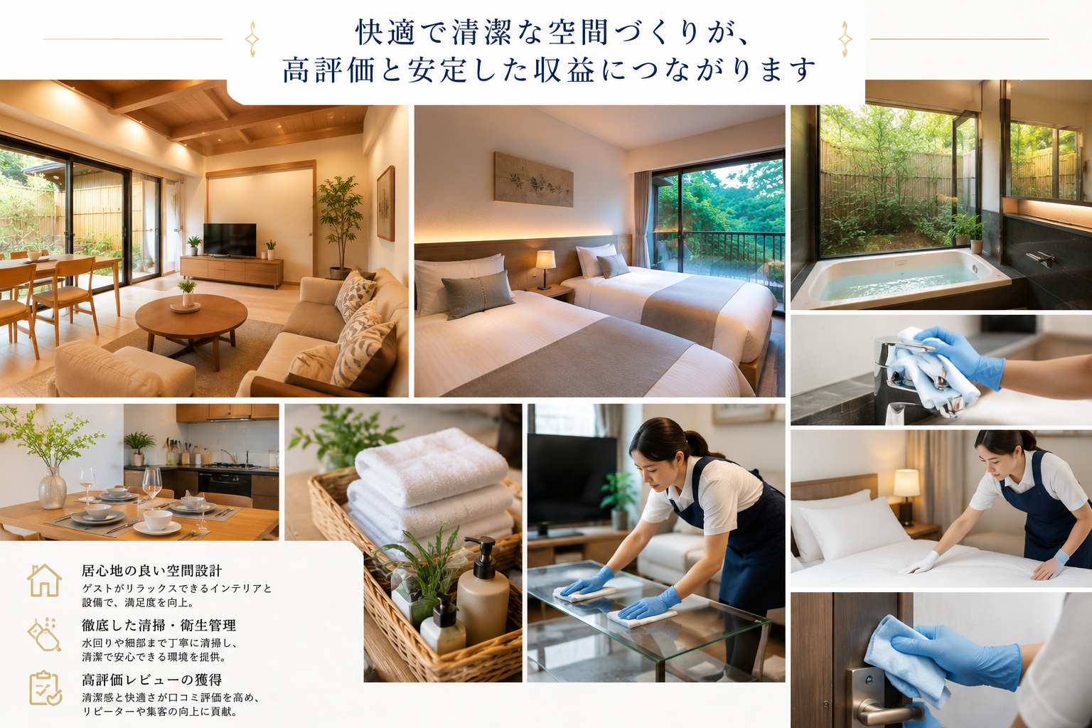 民泊清掃スタッフが物件内装を整える様子