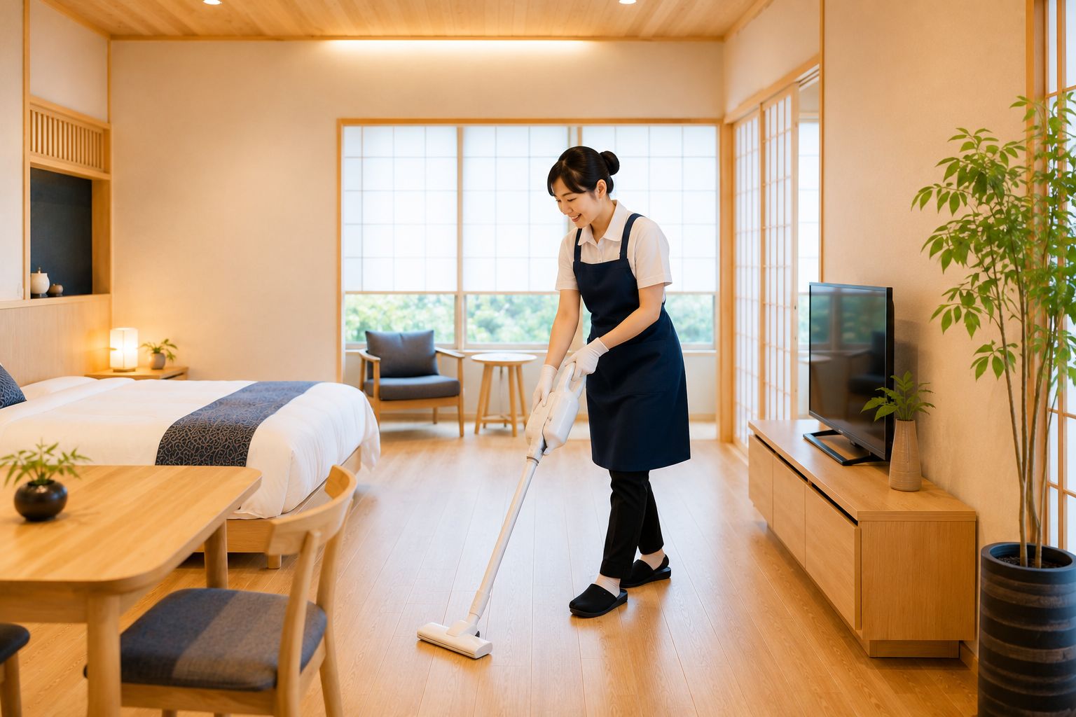 民泊のターンオーバー清掃を行うスタッフ