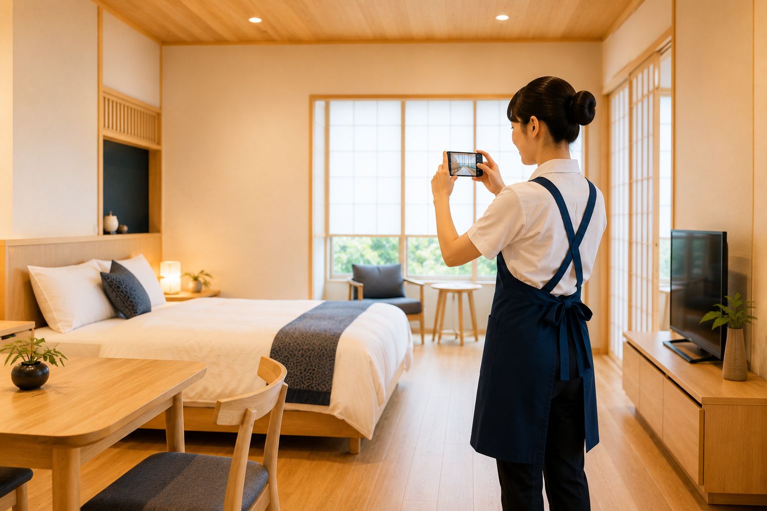 清掃完了後の室内をスマートフォンで撮影して報告する様子