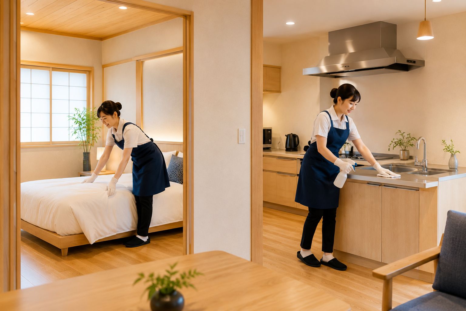 2名のスタッフが役割分担して民泊を清掃する様子