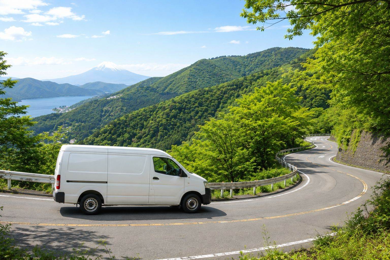 箱根の山道を走るリネン配送車のイメージ