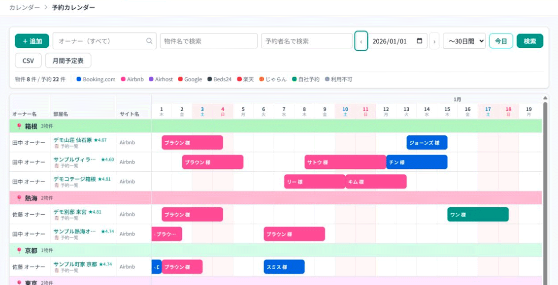 ヤドツギの予約カレンダー画面。複数の民泊予約サイトから取得した予約をエリア・物件・日付ごとに一覧表示している