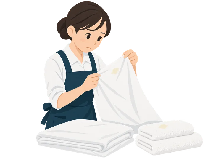 白いシーツとタオルの黄ばみを確認するリネンスタッフのイラスト
